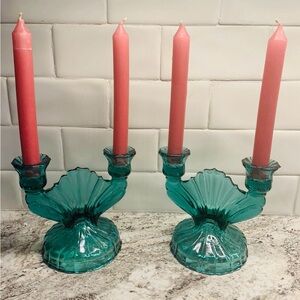 2 Jeanette 1930s Ultramarine Swirl Double Candlestick Candle Holders